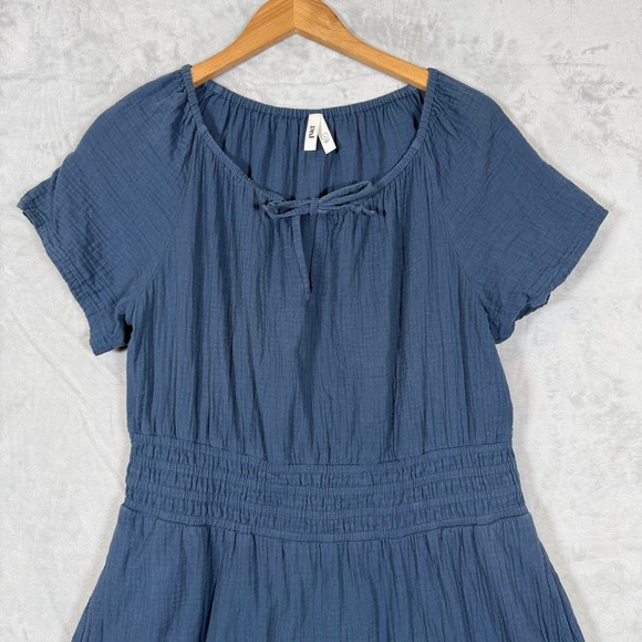 Pact Organic Cotton Double Gauze Smocked Midi Dress L Blue Short Sleeve Large L - Picture 11 of 12
